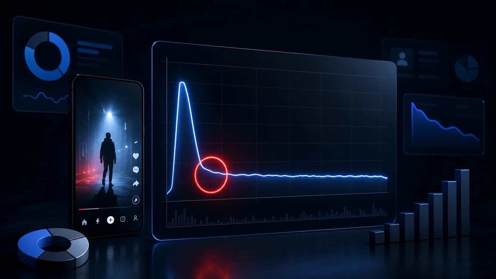 A dark analytics-style graphic showing a short-form video graph rising quickly and then flatlining.