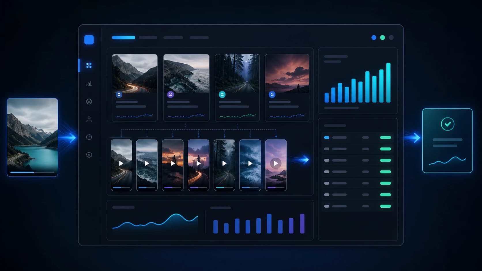 A creator workstation turning brand content into short-form posts and payout symbols.