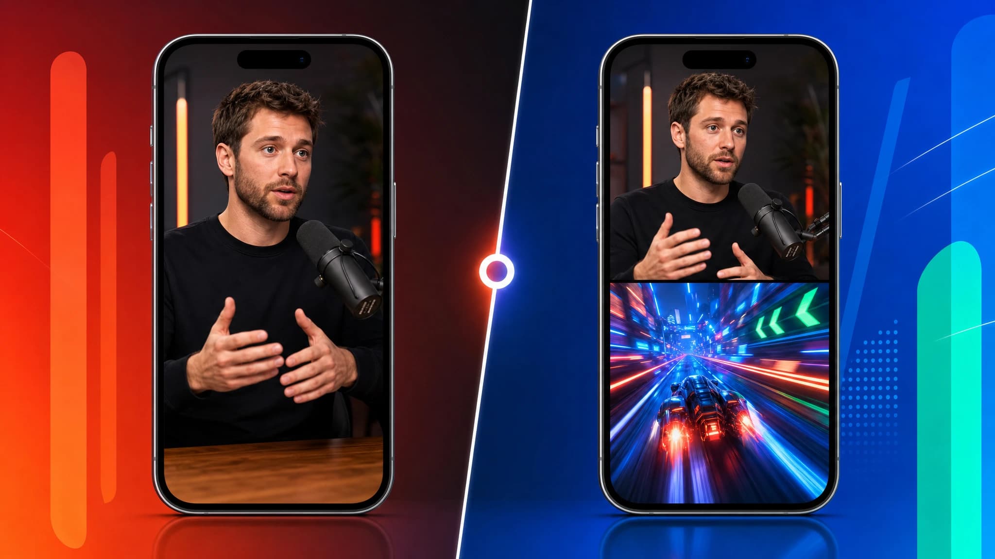 Two phone mockups comparing a traditional vertical clip with a split-screen clip using gameplay-style footage.